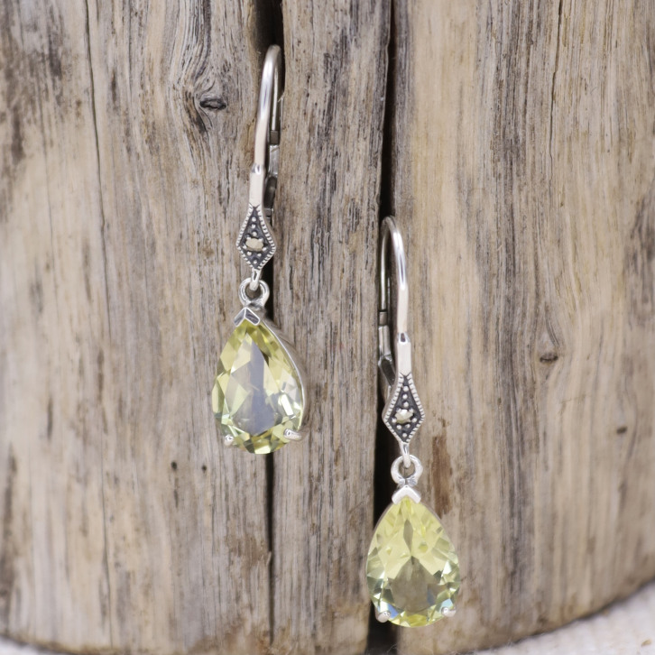 Boucles d'oreilles d'exception en argent, marcassites et pierre quartz lemon