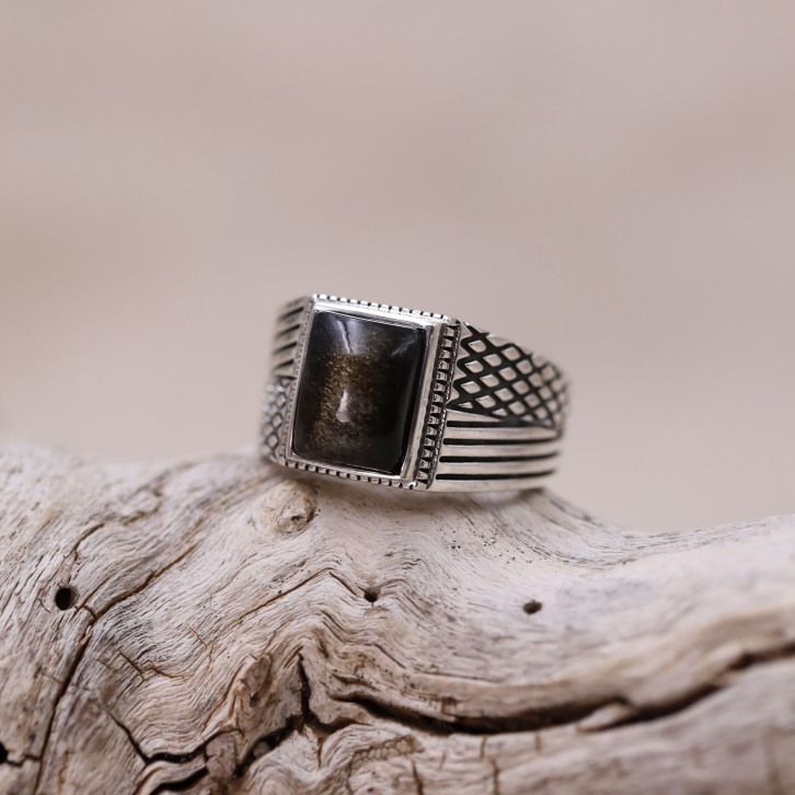 Bague en argent et obsidienne dorée