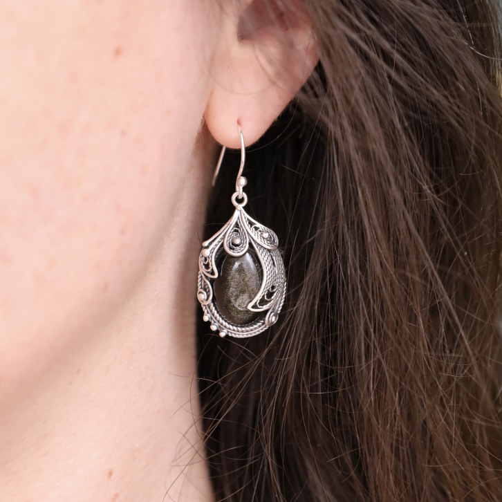 Boucles d'oreilles en argent et obsidienne dorée