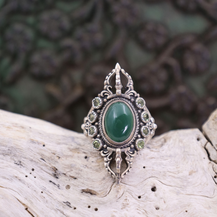 Bague en argent agate verte et péridot