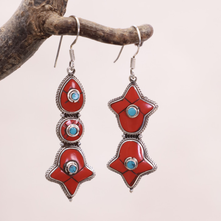 Boucles d'oreilles en argent et émail rouge